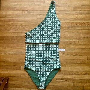 BAIIA Swim Two Piece NWT White & Green Floral One Shoulder High Waist 8 Retro